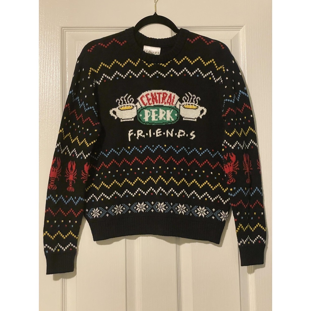 Friends Sweater Womens Medium Black Central Perk Ugly Christmas Fair Isle Knit